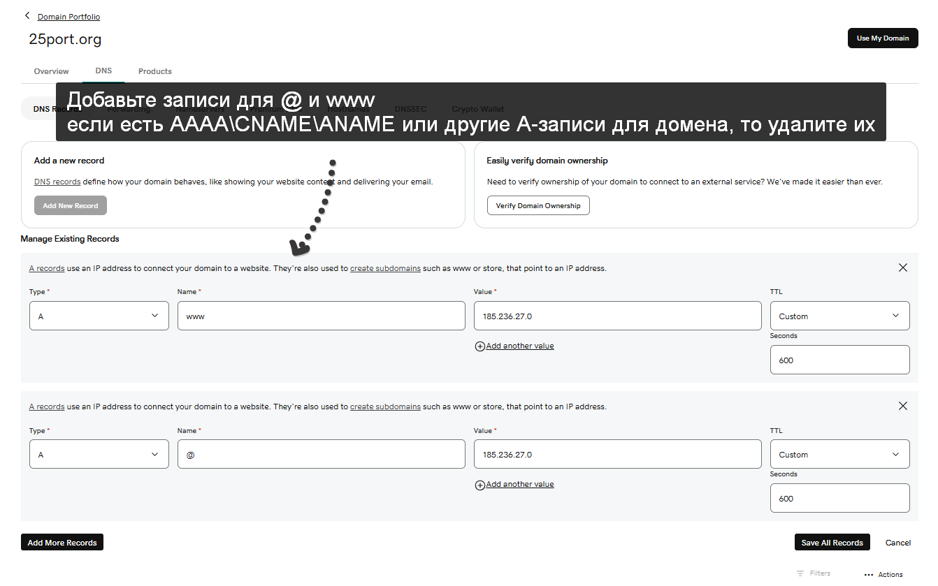 Пример DNS записи в GoDaddy