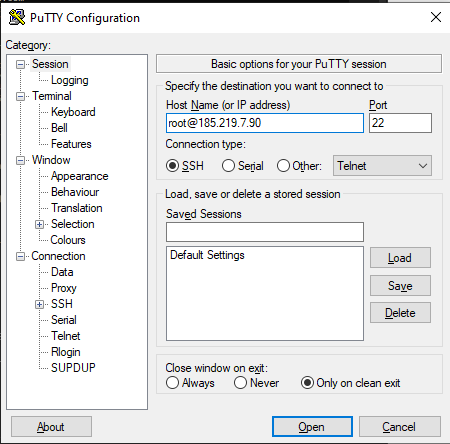 PuTTY — ввод адреса